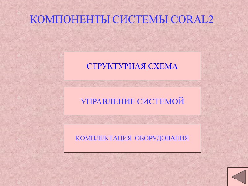 СТРУКТУРНАЯ СХЕМА УПРАВЛЕНИЕ СИСТЕМОЙ КОМПЛЕКТАЦИЯ ОБОРУДОВАНИЯ КОМПОНЕНТЫ СИСТЕМЫ CORAL2 СТРУКТУРНАЯ СХЕМА УПРАВЛЕНИЕ СИСТЕМОЙ КОМПЛЕКТАЦИЯ ОБОРУДОВАНИЯ КОМПОНЕНТЫ СИСТЕМЫ CORAL2